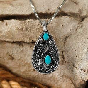 Silver Faux Turquoise Antique Dyed Black Feather Pendant